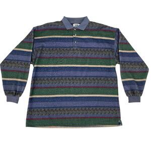 Vintage 90’s Fleece 1/4 Button Shirt Denim Express Stripe Polo Large‎